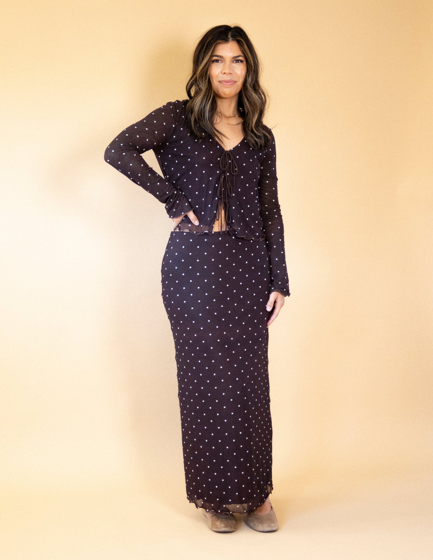 Eda Polka Dot Mesh MIDI Skirt Dark Chocolate